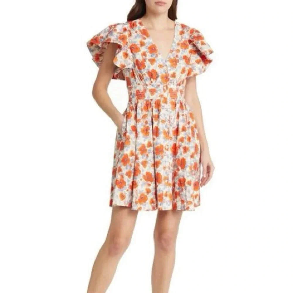 Chelsea28 Ruffle Sleeve Button-Up Linen Blend Dress in Ivory Lenora Floral